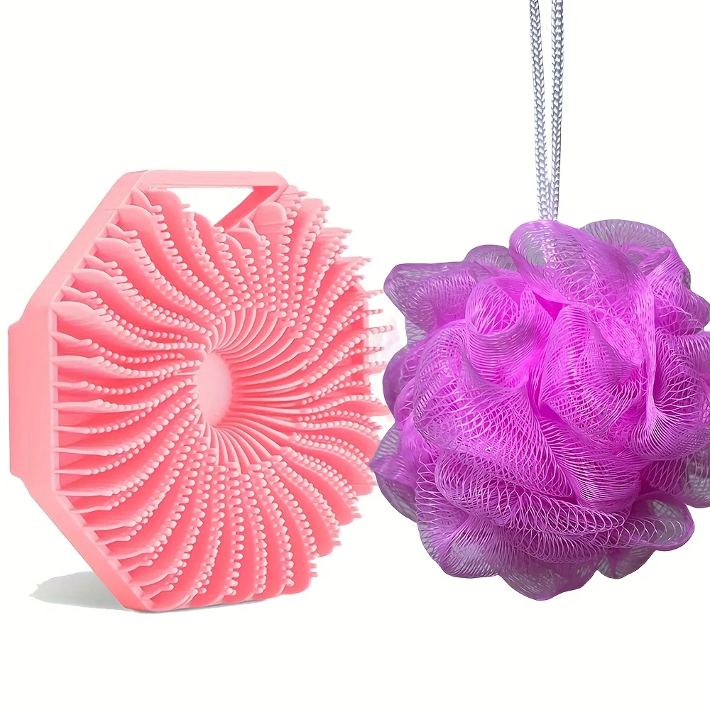 (4 Pieces)  Combination Package - Antibacterial Silicone Body Scrub And Bathroom Mesh Bag Foam Ball Set, Exfoliating Body Scrub, Suitable for Sensitive Light Beige, Bath Scrub, Suitable for Body Silicone Bath Brush