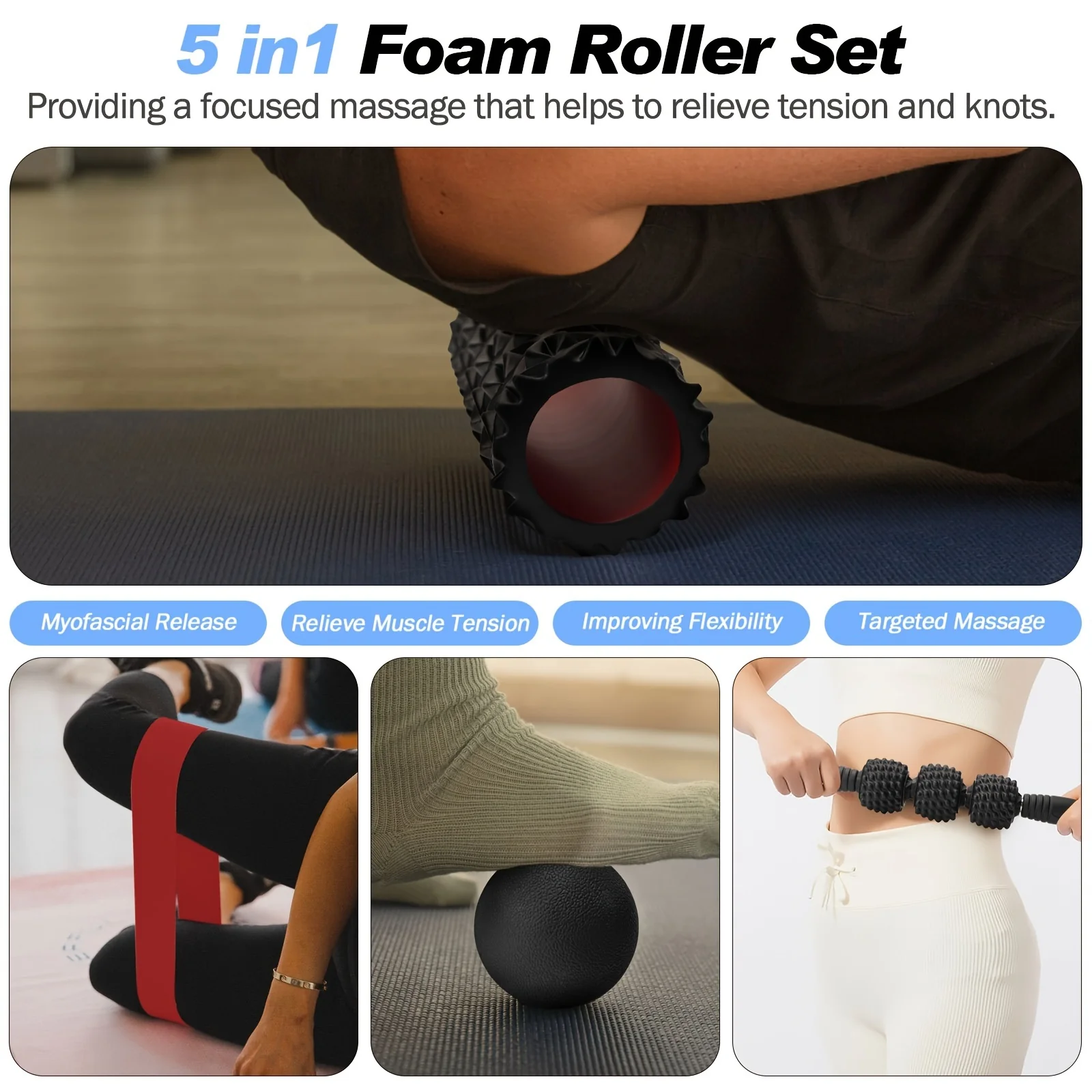 5-in-1 Foam Roller Set For Deep Tissue Massage, Muscle Improved Mobility, High-Density Back Roller For Whole Body Relieves Muscle Pain Muscle Massage